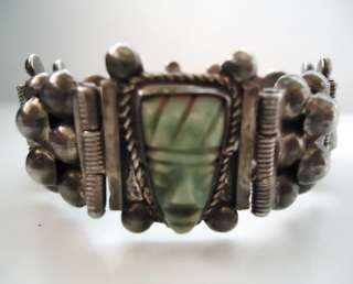 VTG REPOUSSE EARLY 1920s JADE AZTEC MEXICO MEXICAN STERLING SILVER 