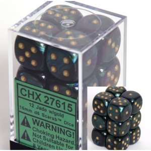  Scarab 16mm d6 Jade/gold Dice Block 12 pipped dice Toys & Games