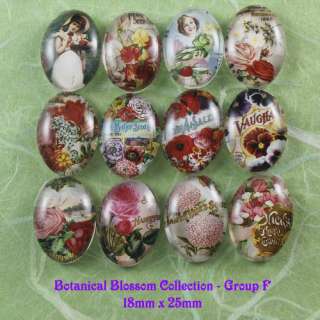 12pcs Glass Botanical Blossom Mix Oval Cameo Cabochon 18x25mm   6 