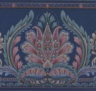 Floral Wallpaper Border Ornate Paisley Blue Flowers red  
