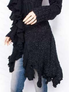 Beautiful Black Knit Ruffles Collared Lace Cardigan Long Sweater 