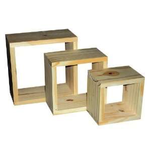 Set Of Three Wooden Cedar Timber Wall Cube Shelves 