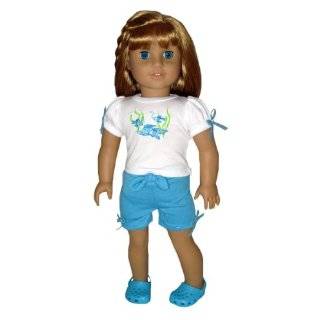 Turquoise Clogs, Fish Top and Shorts. Doll Clothes fit 18 American 