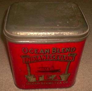 VINTAGE 1930s OCEAN BLEND TEA CO. INDIAN & CEYLON TIN  