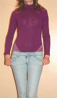 95% WOOL Lace New Tutleneck Magenta BodySuit Shirt Top  