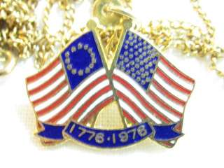 Vintage 1976 USA Flags Bicentennial Pin*Chain Pendant  