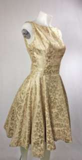 VTG 1950s GOLD BROCADE CIRCLE SKIRT COCKTAIL PARTY DRESS w OPEN BACK 