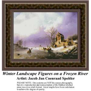 Winter Landscape Figures on Frozen River, Cross Stitch 