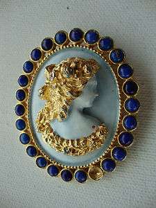   Jlry lapis lazuli gold tone brooch enamel cameo 3D painted  