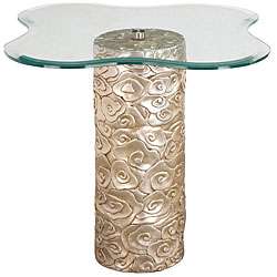   Rubbed Silver Leaf Finish Flower Glass Accent Table  