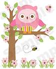 OWL TREE PINK BROWN GREEN FLOWER BEE BABY GIRL NURSERY WALL MURAL 