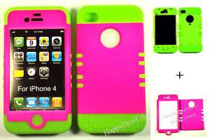   HYBRID Silicone Rubber+Cover Case for Apple iPhone 4 4S 4th Green/Pink