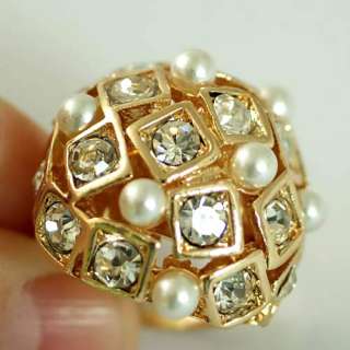 r6131 Charm Pearl Beads Gold plated Gemstone CZ Adjustable Ring 