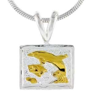 Hawaiian Theme Sterling Silver 2 Tone Dolphins in Square Pendant, 3/8 