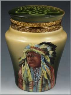 Fine Early C.F. Monroe Nakara Art Glass Tobacco Jar Humidor w/ Indian 