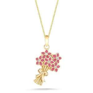 10k Yellow Gold Pink Enamel with Diamonds Flower Bouquet Pendant (0.02 