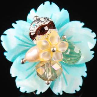 Baby Blue Mother of Pearl Shell Flower Bead Finger Ring Adjustable 
