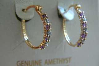 18k gold over Sterling Silver 925 genuine Amethyst diamond hoop 