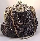 BLACK w/ SILVER EMBROIDERY Vintage Look Evening Bag RHINESTONE BEAD 
