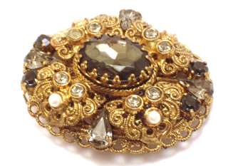   Pin West Germany Filigree Topaz Rhinestone Faux Pearl Jewelry  