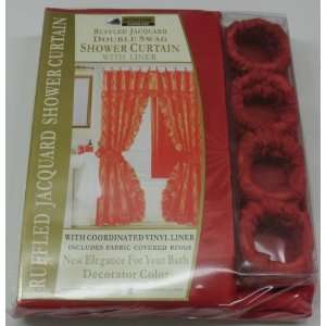  DOUBLE SWAG SHOWER CURTAIN, LINER & RINGS, RED TONE ON 