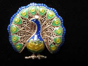 Vintage 14k Gold Filigree & ENAMEL Peacock Pin Brooch  