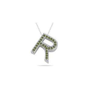  0.29 Cts Green Diamond R Initial Pendant in 14K White Gold 