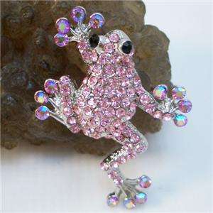 Pretty Pink Tree Frog Brooch Pin w/ Swarovski Crystal  
