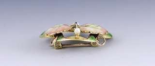 TURN OF THE CENTURY 14K GOLD & PEARL ENAMELED LILY PAD PIN ART NOUVEAU 