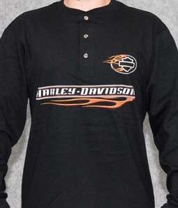    Davidson Mens Side Flames Black Long Sleeve Henley T Shirt  