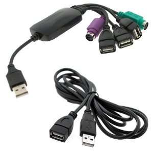   USB Port into 3 USB & 2 PS/2 + 6FT Long USB Cable Extension for