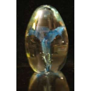  Art Glass 3 1/2 Blue Flower Paperweight Signed Titan 1999 