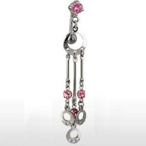 Top Drop Belly Ring with Dangling Shields with Pink Cubic Zirconia 