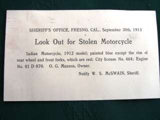 Stolen INDIAN Motorcycle Fresno California Sheriff 1913  