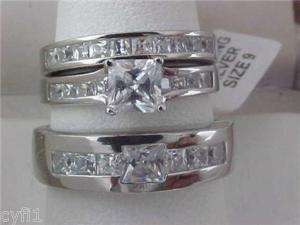  Hers Mens Ladys Cz Princess Wedding Band Engagement 3 Ring Set  