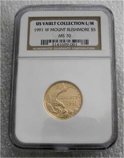 1991 USA $5 GOLD COIN, VAULT COLLECTION W  MOUNT RUSHMORE MS70 RARE 