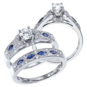   Diamond Bridal Set With Milgrain Edging And Marquise Blue Sapphires
