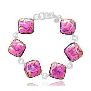   Glass Pink Swirl Pattern on Diamond Shaped Links Bracelet, 8 Jewelry