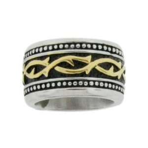 Mens Stainless Steel Engraved Band with Gold and Black Plating Ring 