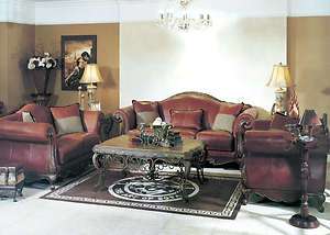 Phyllis 100% Burgundy Leather Sofa LoveSeat & Chair Set  