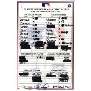  Padres vs. Dodgers 6 23 2005 Game Used Lineup Card 