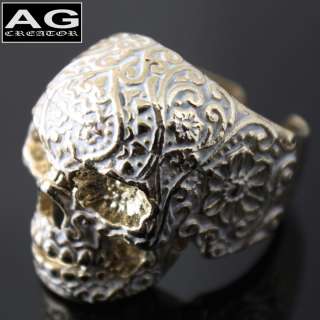 Hip hop style skull ring gold white steel size 9, 10  