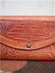 Vintage Boho TOOLED leather Aztec eagle clutch purse bag wallet  
