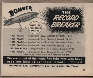   Vintage Ad Bomber Fishing Lures Bomber Bait Co Gainesville,TX  