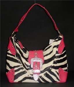 Pink Trim Rhinestone Belt Buckle Zebra Purse Handbag  