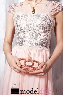   Sleeved Pink Satin Beaded Long Maxi Prom Bridesmaid Ball Dress  