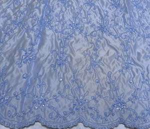 BLUE SATIN W/BEADS SEQUINS EMBROIDERED FLORAL BRIDAL LACE FABRIC 48 1 