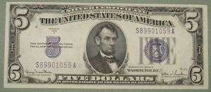 1934 D $5 DOLLAR SILVER CERTIFICATE NOTE AU CU 1059A  