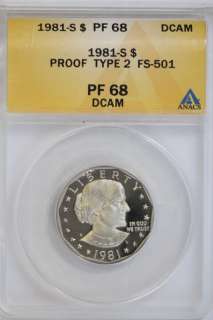 1981 S Type 2 Susan B Anthony Dollar Coin PF68 ANACS  