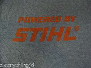 Adult STIHL T Shirt   Grey with Orange Powered by STIHL on Back 